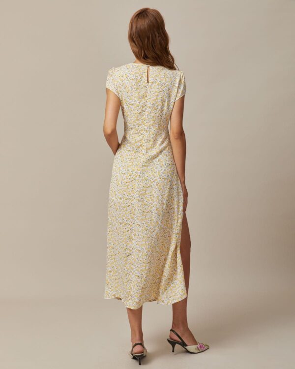 Yellow Round Neck Floral Midi Dress - Image 6