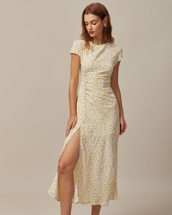 Yellow Round Neck Floral Midi Dress - Image 4