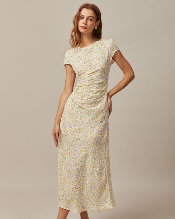 Yellow Round Neck Floral Midi Dress
