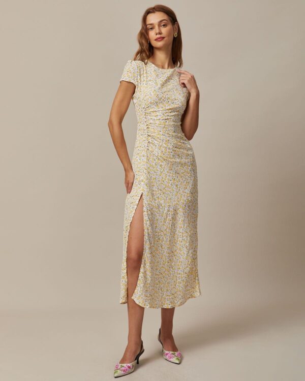 Yellow Round Neck Floral Midi Dress - Image 3