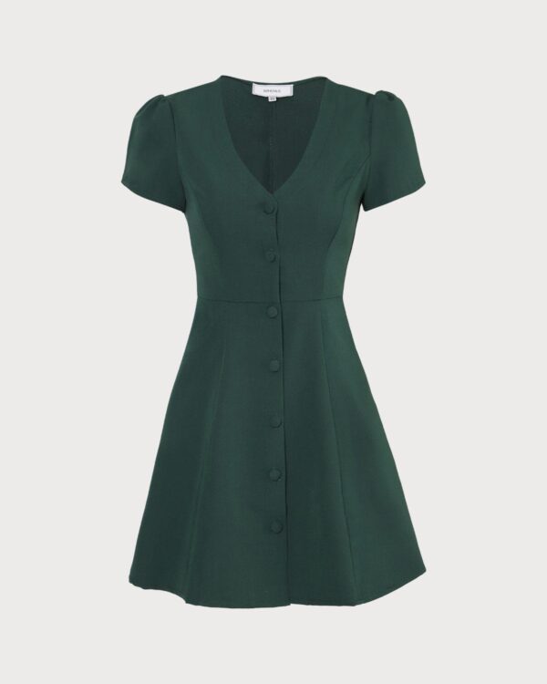 Dark Green V Neck Button-up Shirt Mini Dress - Image 7