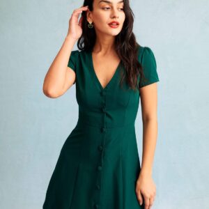 Dark Green V Neck Button-up Shirt Mini Dress
