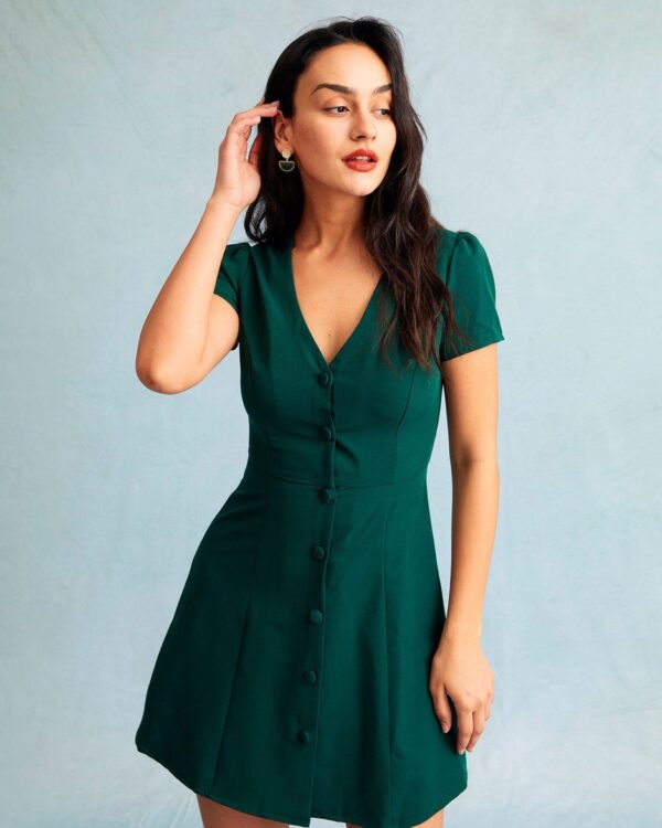 Dark Green V Neck Button-up Shirt Mini Dress