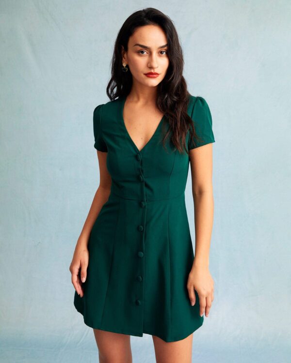 Dark Green V Neck Button-up Shirt Mini Dress - Image 2