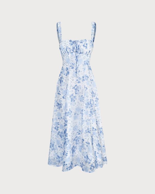Blue Square Neck Floral Ruched Midi Dress - Image 6