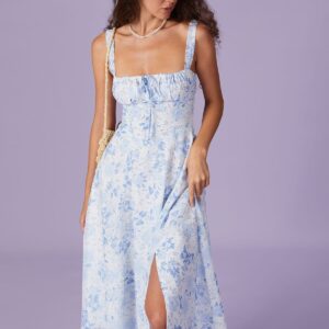 Blue Square Neck Floral Ruched Midi Dress