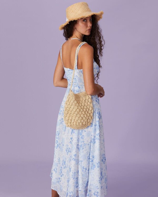 Blue Square Neck Floral Ruched Midi Dress - Image 3