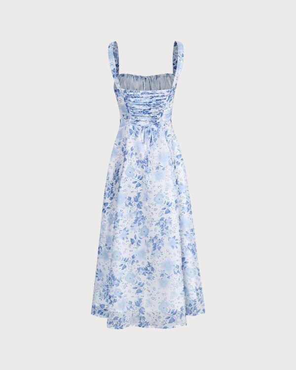Blue Square Neck Floral Ruched Midi Dress - Image 7