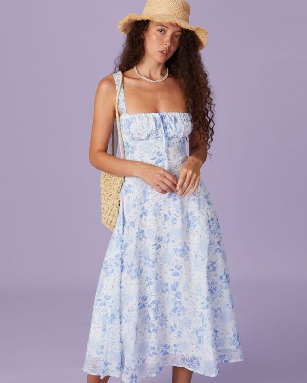 Blue Square Neck Floral Ruched Midi Dress - Image 2