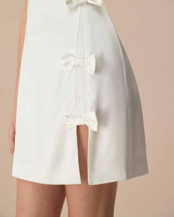 White Boat Neck Bowknot Satin Mini Dress - Image 2