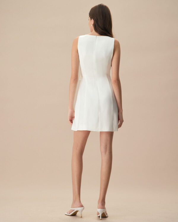 White Boat Neck Bowknot Satin Mini Dress - Image 5