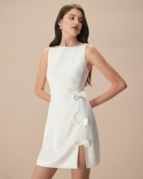White Boat Neck Bowknot Satin Mini Dress - Image 3