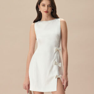 White Boat Neck Bowknot Satin Mini Dress