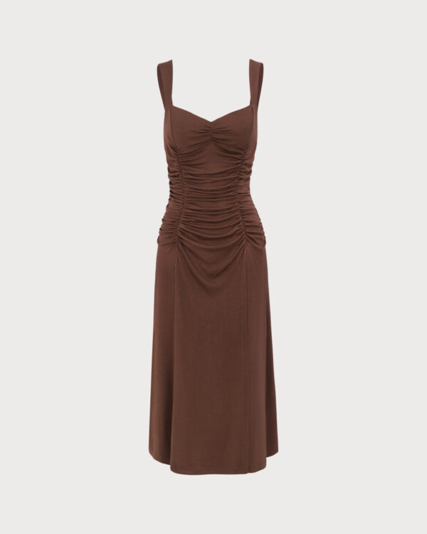 Women's Coffee Ruched Knitted Slip Midi Dress - Image 5