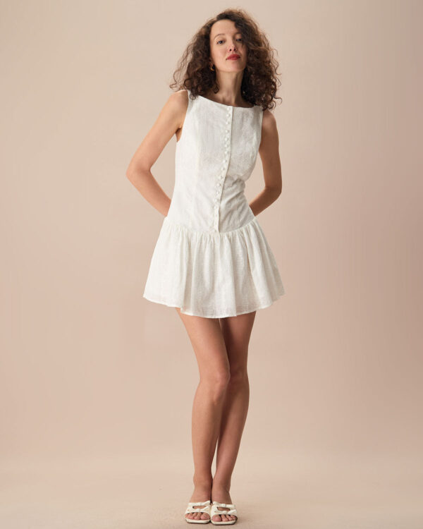 Women's White Boat Neck Jacquard Cotton Mini Dress - Image 4