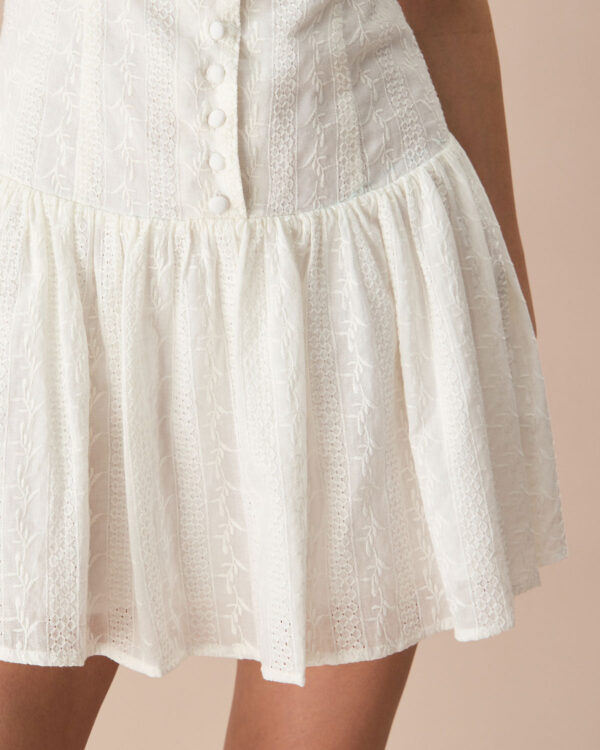 Women's White Boat Neck Jacquard Cotton Mini Dress - Image 3