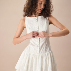 Women's White Boat Neck Jacquard Cotton Mini Dress