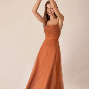 Caramel Mesh Flowy Slip Midi Dress