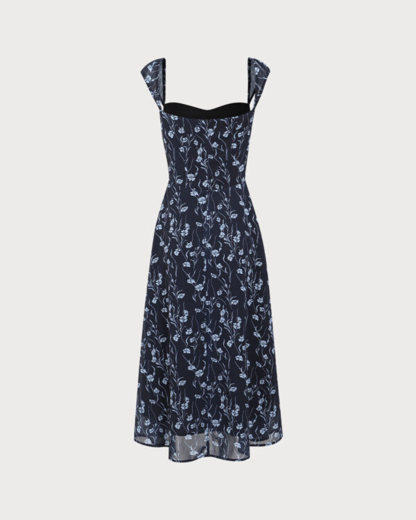 Navy Floral Sweetheart Neck Midi Dress - Image 6