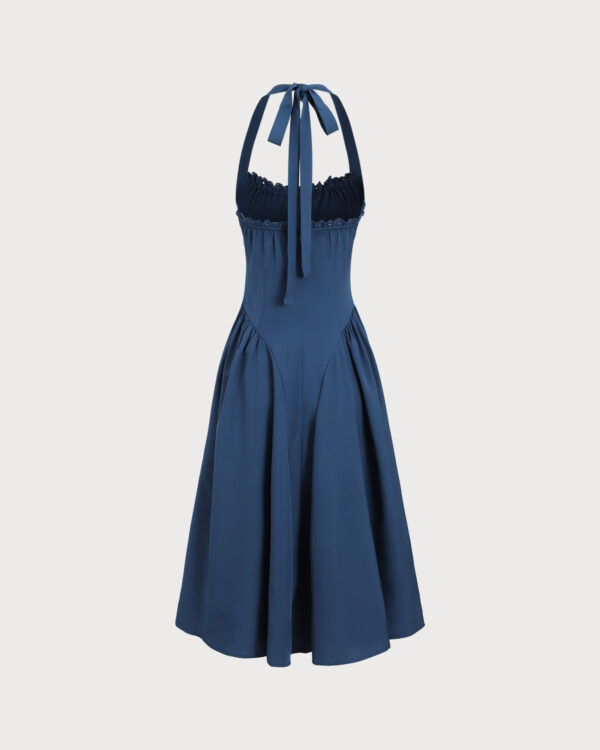 Navy Ruched Halter Midi Dress - Image 8