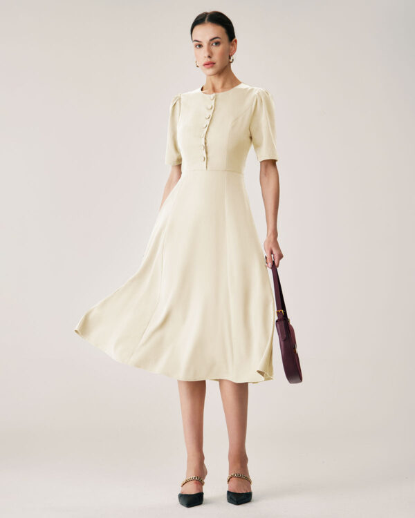 Beige Puffed Sleeve Button Midi Dress - Image 6