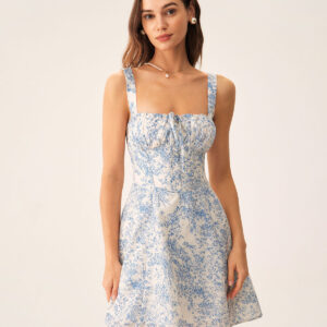 Blue Floral Ruched Slip Corset Mini Dress