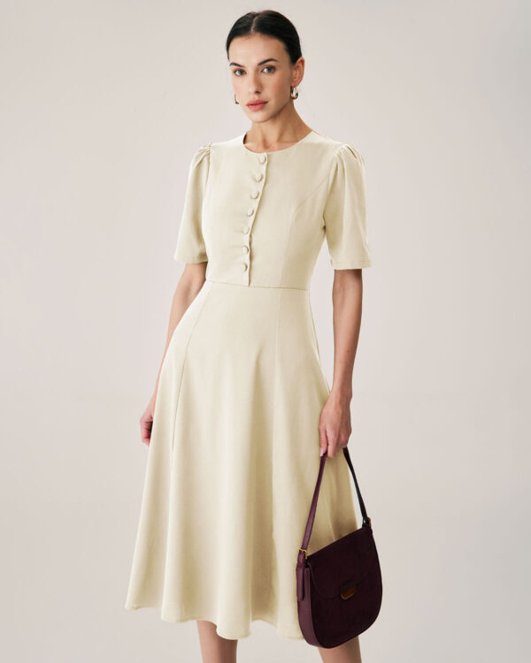 Beige Puffed Sleeve Button Midi Dress - Image 5