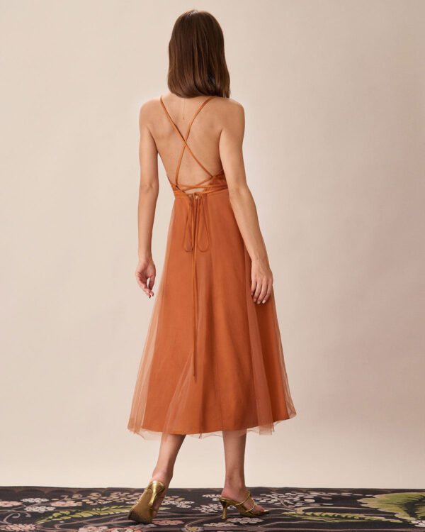 Caramel Mesh Flowy Slip Midi Dress - Image 4