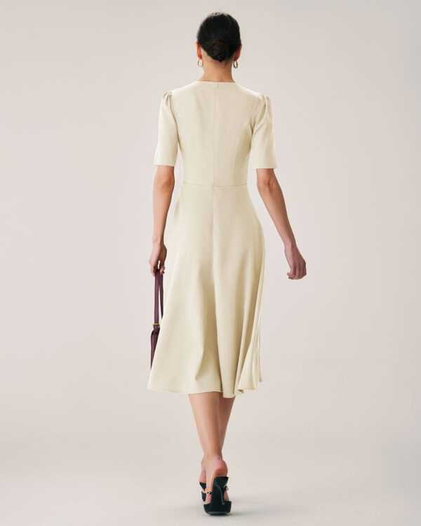 Beige Puffed Sleeve Button Midi Dress - Image 7