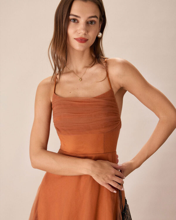 Caramel Mesh Flowy Slip Midi Dress - Image 2