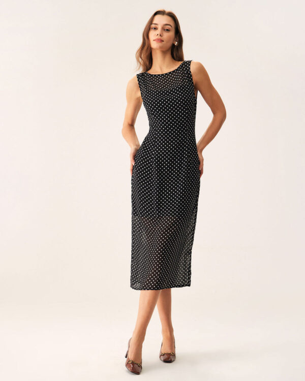Black Polka Dot Boat Neck Midi Dress - Image 3