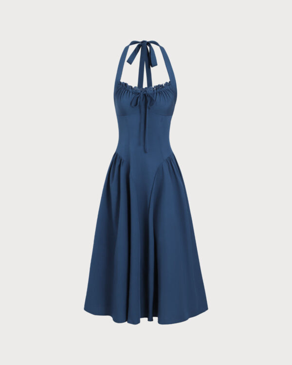 Navy Ruched Halter Midi Dress - Image 7