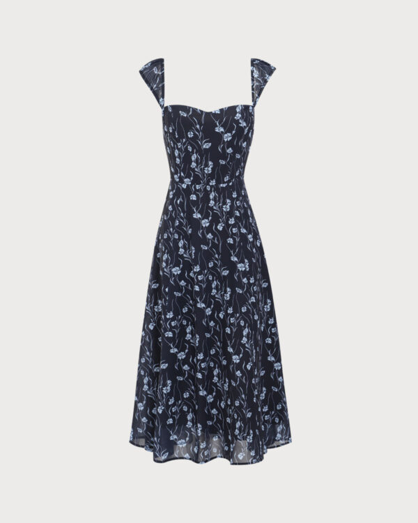 Navy Floral Sweetheart Neck Midi Dress - Image 5