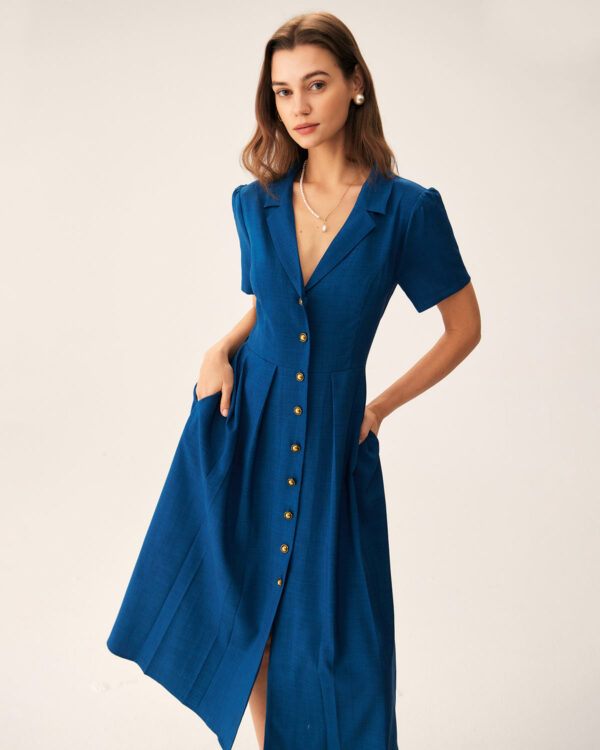 Blue V Neck Pleated Button Midi Dress - Image 2