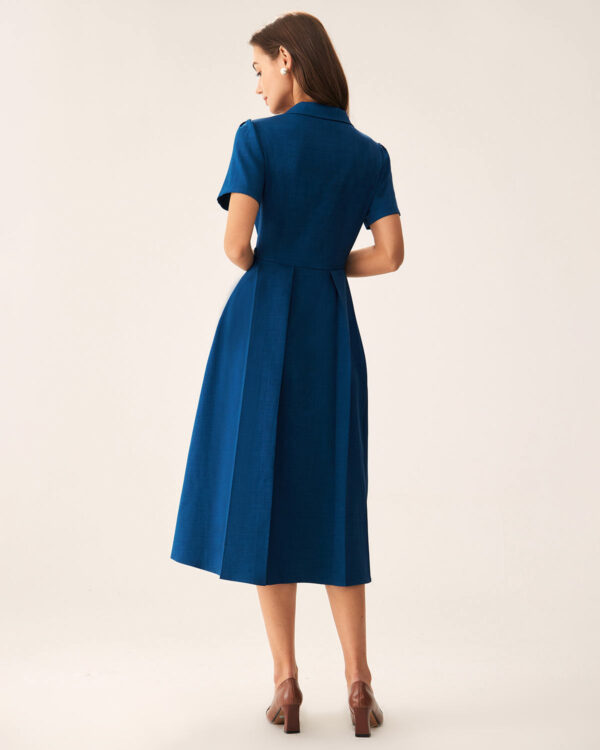 Blue V Neck Pleated Button Midi Dress - Image 6