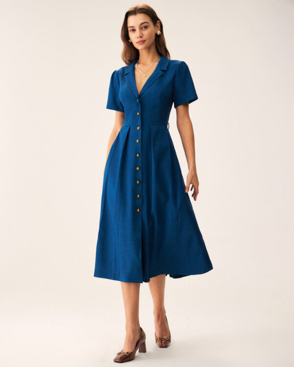Blue V Neck Pleated Button Midi Dress - Image 4