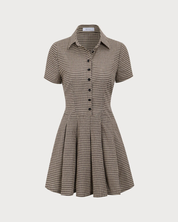 Brown Plaid Lapel Pleated Mini Dress - Image 5