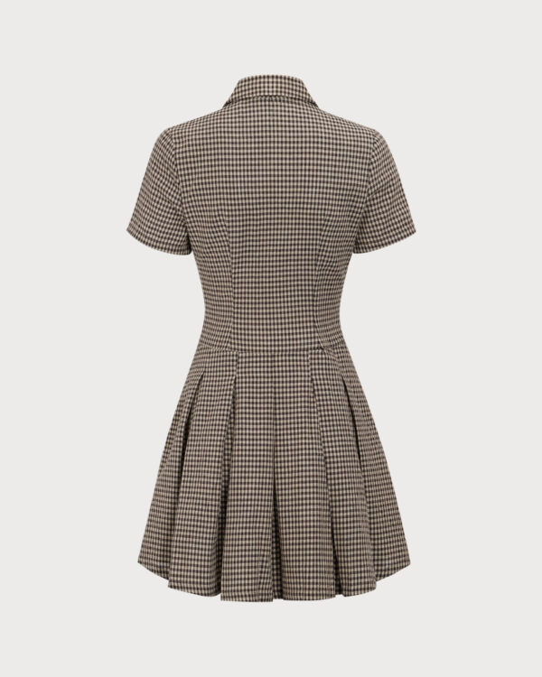 Brown Plaid Lapel Pleated Mini Dress - Image 6